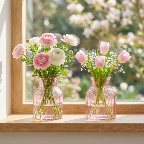 Product Glass Flower Vase Retro Pink-Tinted Ø11cm H14.5cm Set of 2