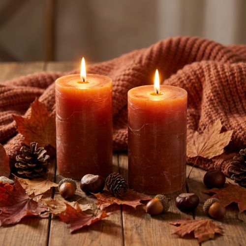 Dark Orange Sunset Pillar Candles 85x120mm, 2 Pieces, Dyed Through, Decoration & Cozy | Floristik24.co.uk