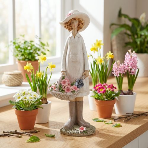 Decorative figurines gardener, decorative woman with flowers, white pink, H21cm | Floristik24.co.uk