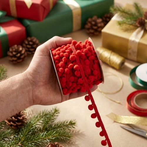 Product Decorative ribbon with pompoms Pom Pom Ribbon Red 20mm 15m