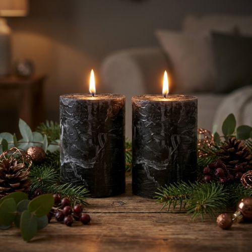 Black pillar candles, dyed throughout, 85x120mm, set of 2, rustic table decoration | Floristik24.co.uk
