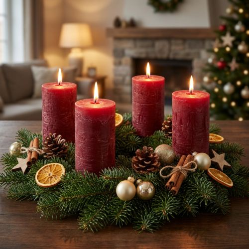 Rustic pillar candles in dark red, 70x120mm, set of 4, long burning time, marbled, stylish holiday decoration | Floristik24.co.uk