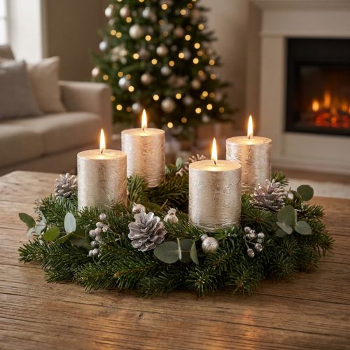Product Platinum-colored pillar candles, 70x80mm, set of 4, long burning time, high-quality decorative candles