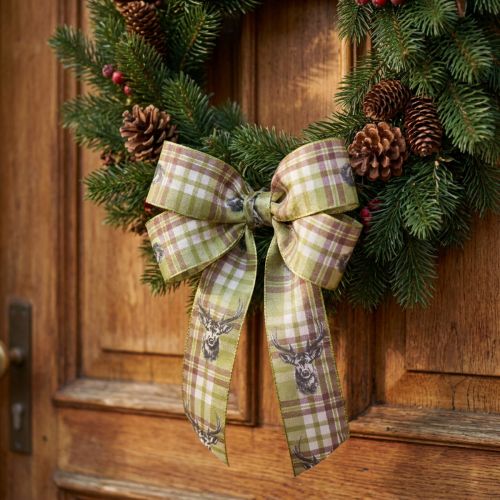 Product Decorative Ribbon with Stag Head and Checked Pattern 40mm x 15m – Green, Brown, Beige
