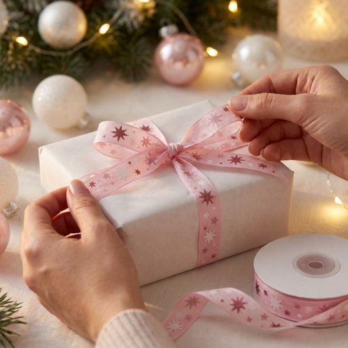 Ribbon Christmas gift ribbon pink star pattern 15mm 20m | Floristik24.co.uk