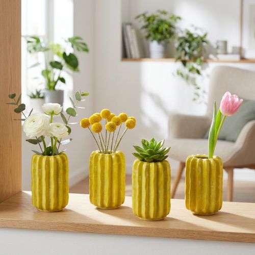 Cactus Ceramic Vase, Grooved Structure Design for Modern Living, 13cm, 4 Pieces | Floristik24.co.uk