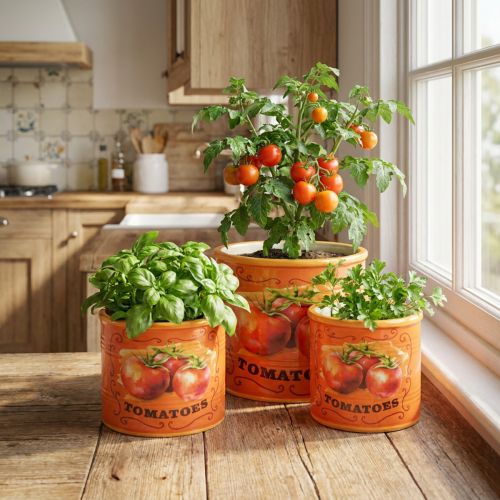 Tomato Plant Pot Set, Ceramic Decorative Flower Pots for Kitchen and Retro Decor, 14cm, Set of 3 | Floristik24.co.uk