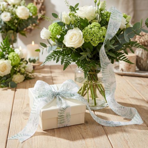 Product Organza ribbon, chiffon ribbon, leafy branches, green, 40mm, 15m