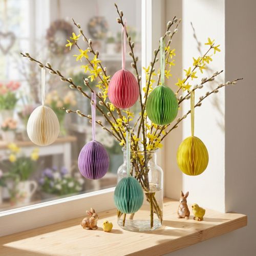 Set of 6 Hanging Honeycomb Easter Eggs in Pastel Colours – 8cm | Floristik24.co.uk