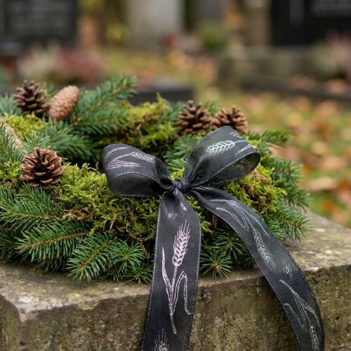 Product Mourning ribbon decorative ribbon silver black with ears of wheat W40mm L25m