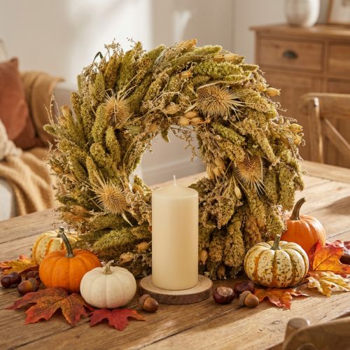 Decorative dried wreath with teasels and millet in yellow-olive green, natural country style, Ø28cm, versatile wall and table decoration | Floristik24.co.uk