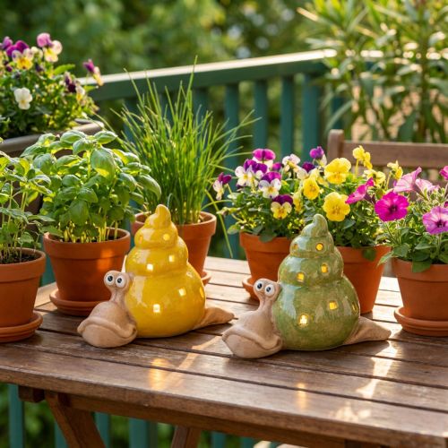 Ceramic decorative snail with LED lighting. Fun table decoration for home and balcony. 12cm, 2 pieces. | Floristik24.co.uk