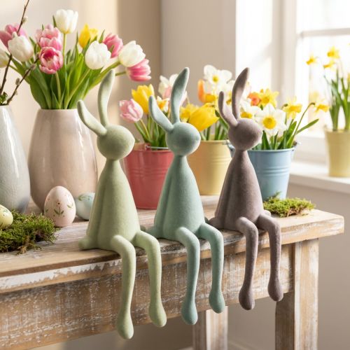 Easter Bunny Decoration, Sitting Bunnies, Flocked, Green/Brown, 36cm, 3 Pieces | Floristik24.co.uk