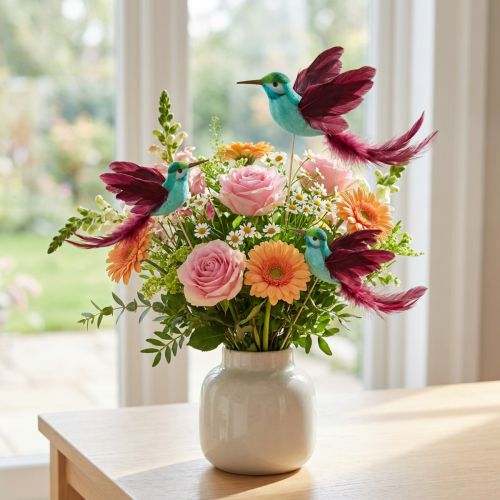 Hummingbird Decoration on Stick Turquoise Burgundy 13–15cmx9–10cm 6 pcs | Floristik24.co.uk