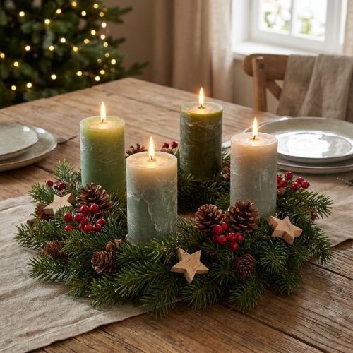 Product Pillar candle set, 3 colors, green, solid-colored candles, table decoration, 70x120mm, 12 pieces