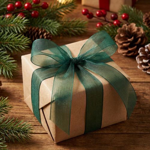 Product Organza ribbon green gift ribbon woven edge fir green 25mm 50m