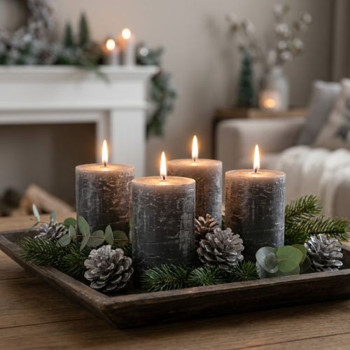 Solid-color anthracite pillar candles, 60x100mm, set of 4, decorative candles, long burning time | Floristik24.co.uk