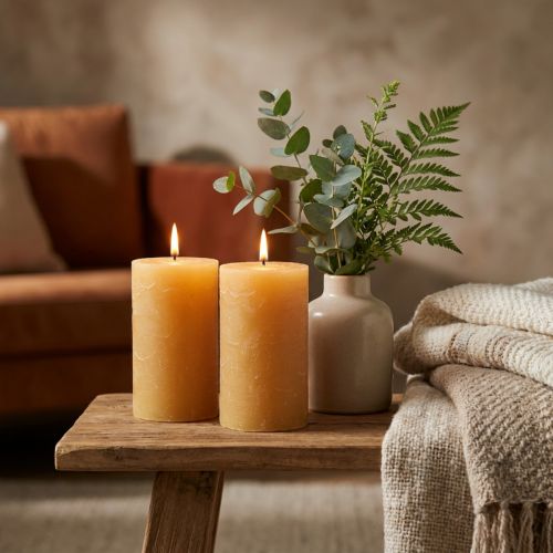 Solid-colored pillar candles, honey-colored, set of 2, 85×150mm, long burning time, creates a cozy atmosphere, table decoration | Floristik24.co.uk