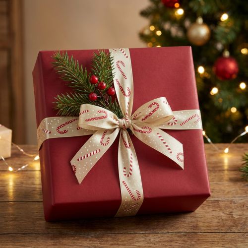 Product Christmas ribbon with candy canes gift ribbon beige 25mm 15m