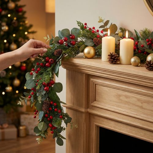 Christmas garland, fir branches, eucalyptus, conifers, berries, 160cm | Floristik24.co.uk