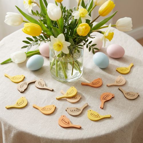 Scatter decoration bird decoration wood spring yellow/beige/orange Ø4cm 72 pcs | Floristik24.co.uk