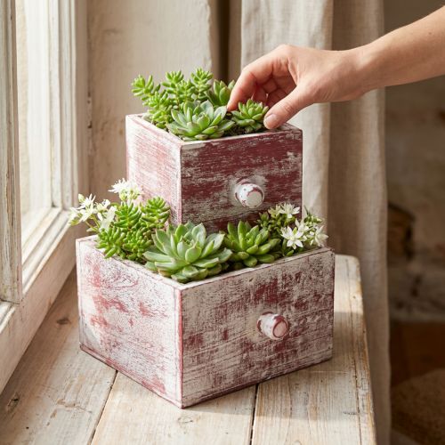 Plant box shabby chic decorative drawer red white set of 2 | Floristik24.co.uk