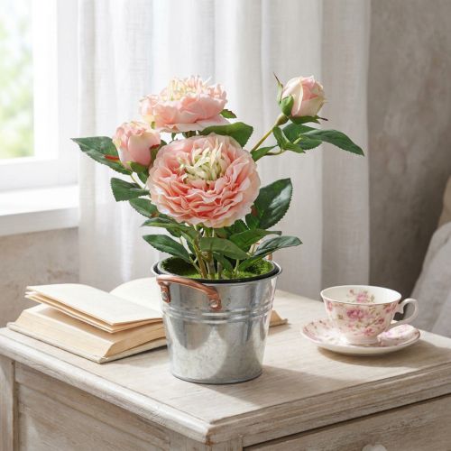 Decorative rose in pot, romantic silk flowers, pink peony | Floristik24.co.uk