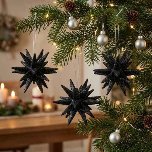 Christmas decoration stars for hanging black Ø7.5cm 8 pcs | Floristik24.co.uk
