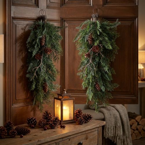 Artificial Christmas branches for hanging, fir branch decoration, cypress branches with cones, door wreath, wall decoration, window decoration, plastic, durable, 60cm | Floristik24.co.uk