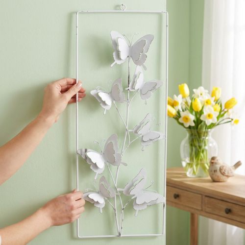 Butterfly Hanging Art Spring Metal Wall Art Shabby Chic White Silver H47.5cm | Floristik24.co.uk