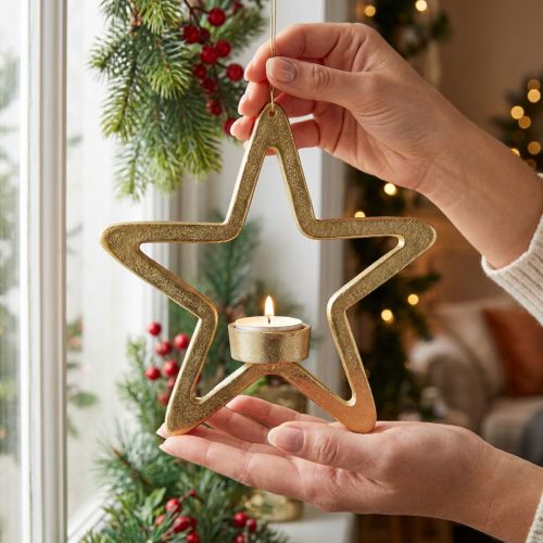 Decorative star tealight holder for hanging metal golden 20cm | Floristik24.co.uk