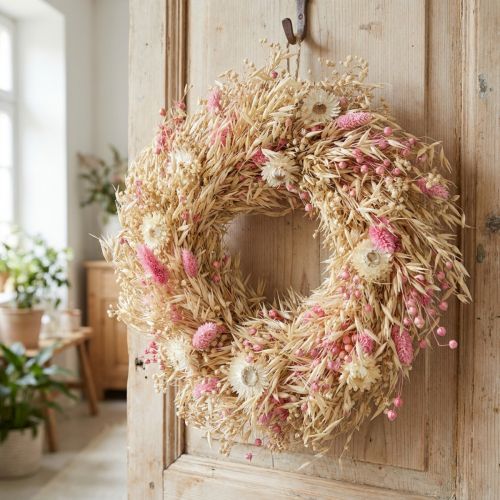 Natural Boho Wreath with Dried Oats and Pink Strawflowers Ø29cm | Floristik24.co.uk