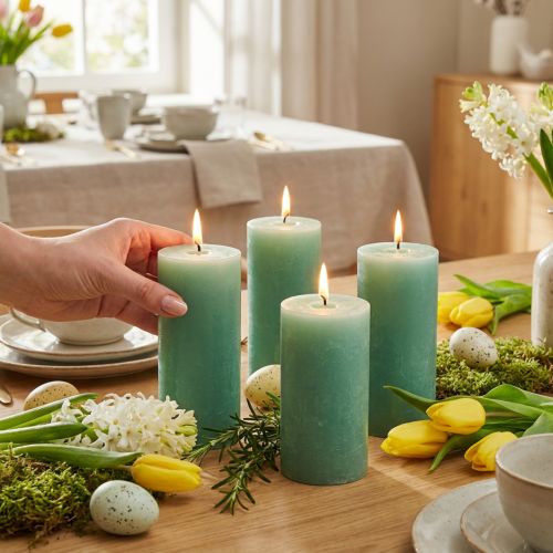 Pillar candles, solid colored light green jade, 70×100mm, 4 pieces - High-quality decorative candles for table decorations, Easter, weddings | Floristik24.co.uk