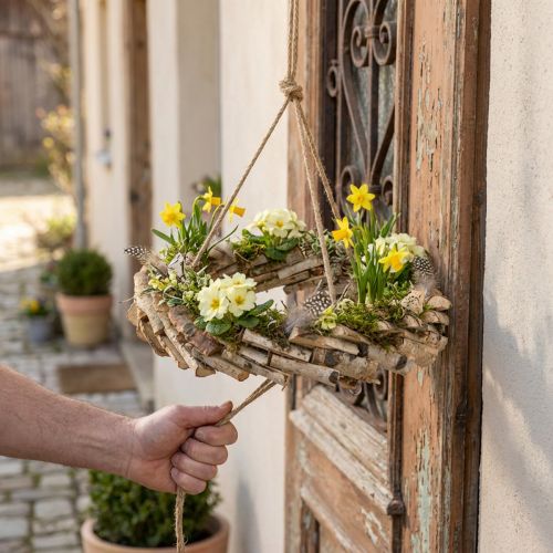 Wooden wreath for hanging with hook made of birch wood Ø35cm - Natural decoration for spring, macrame, flowers & herbs | Floristik24.co.uk
