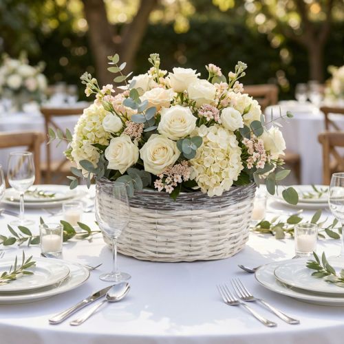 Decorative round basket, white and brown, Ø29cm, woven planter, gift, wedding decoration | Floristik24.co.uk