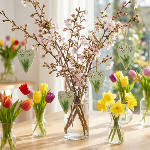 Decorative hearts for hanging with flowers wood green, white 8.5×12cm 4 pcs | Floristik24.co.uk