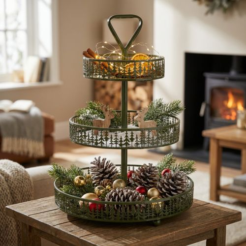 Product Green Metal Three-Tier Stand with Fir Tree Design – 49cm Tall