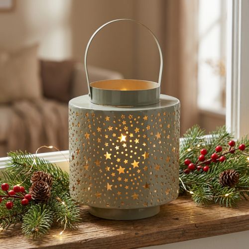 Product Green Metal Lantern with Star Pattern 31cm