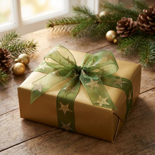Star Ribbon Green Gold Organza Ribbon Christmas W25mm L18m | Floristik24.co.uk