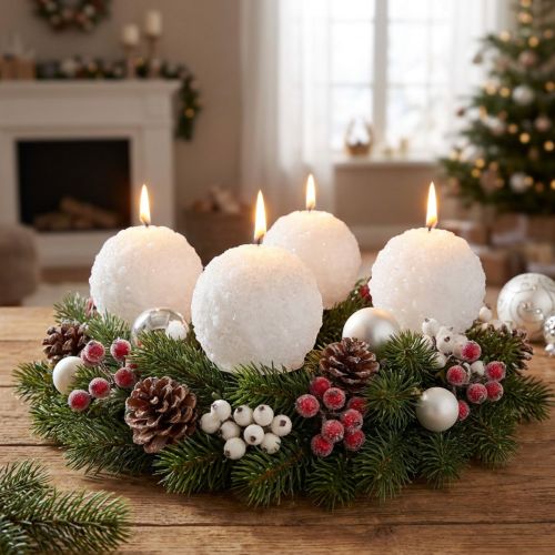 Advent candles, snowball design, Ø80mm white ball candles, set of 4, Christmas decoration, winter magic | Floristik24.co.uk