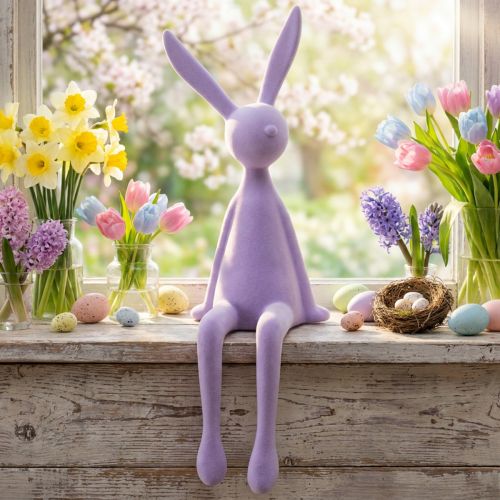 Shelf sitter rabbit, flocked, sitting Easter bunny, lilac, 56cm | Floristik24.co.uk