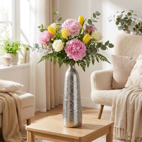 Decorative Vase Metal Hammered Flower Vase Silver Ø9.5cm H32cm | Floristik24.co.uk