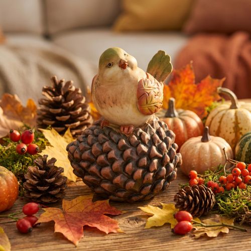Autumn Decoration Bird Figurine with Pinecone, H19cm, Polyresin, Multicolour | Floristik24.co.uk