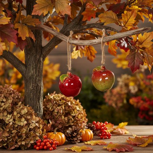 Product Hanging Ceramic Autumn Apple Decoration, 5cm, Set of 4