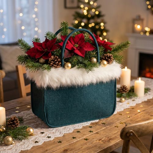 Product Felt bag with fur edge petrol blue 38cm x24cm x 20cm