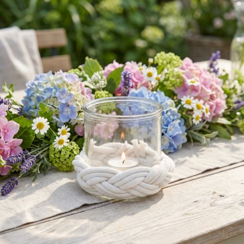 Lantern glass macrame white braided Ø13cm H10cm | Floristik24.co.uk