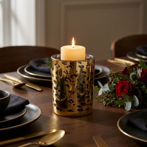 Product Glass tealight holder with leopard print for table decoration, 12cm