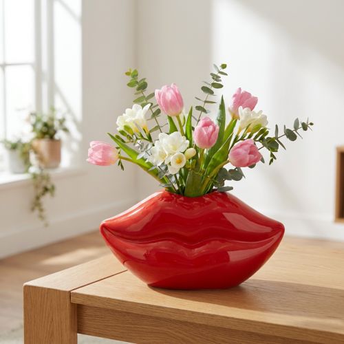 Ceramic vase red kiss mouth decorative vase 17×8.5×9cm | Floristik24.co.uk