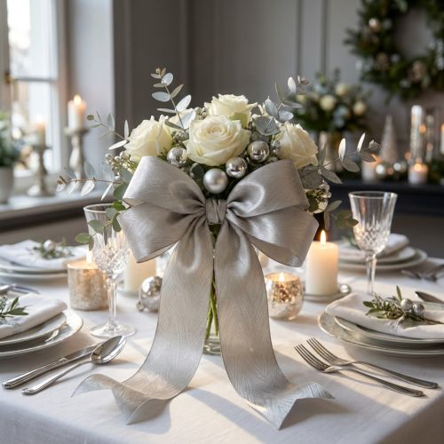 Product Elegant silk ribbon with feather print in silver – perfect for festive decorations Width 25mm Length 15m