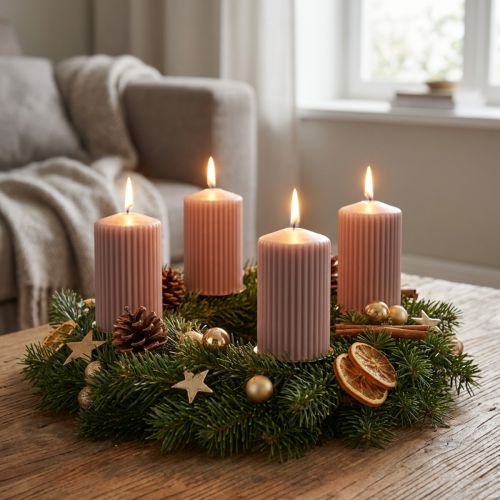 Product Pillar candles, antique rose, grooved candles, 70/90mm, set of 4, decorative candles, Advent wreath, low smoke, long burning time